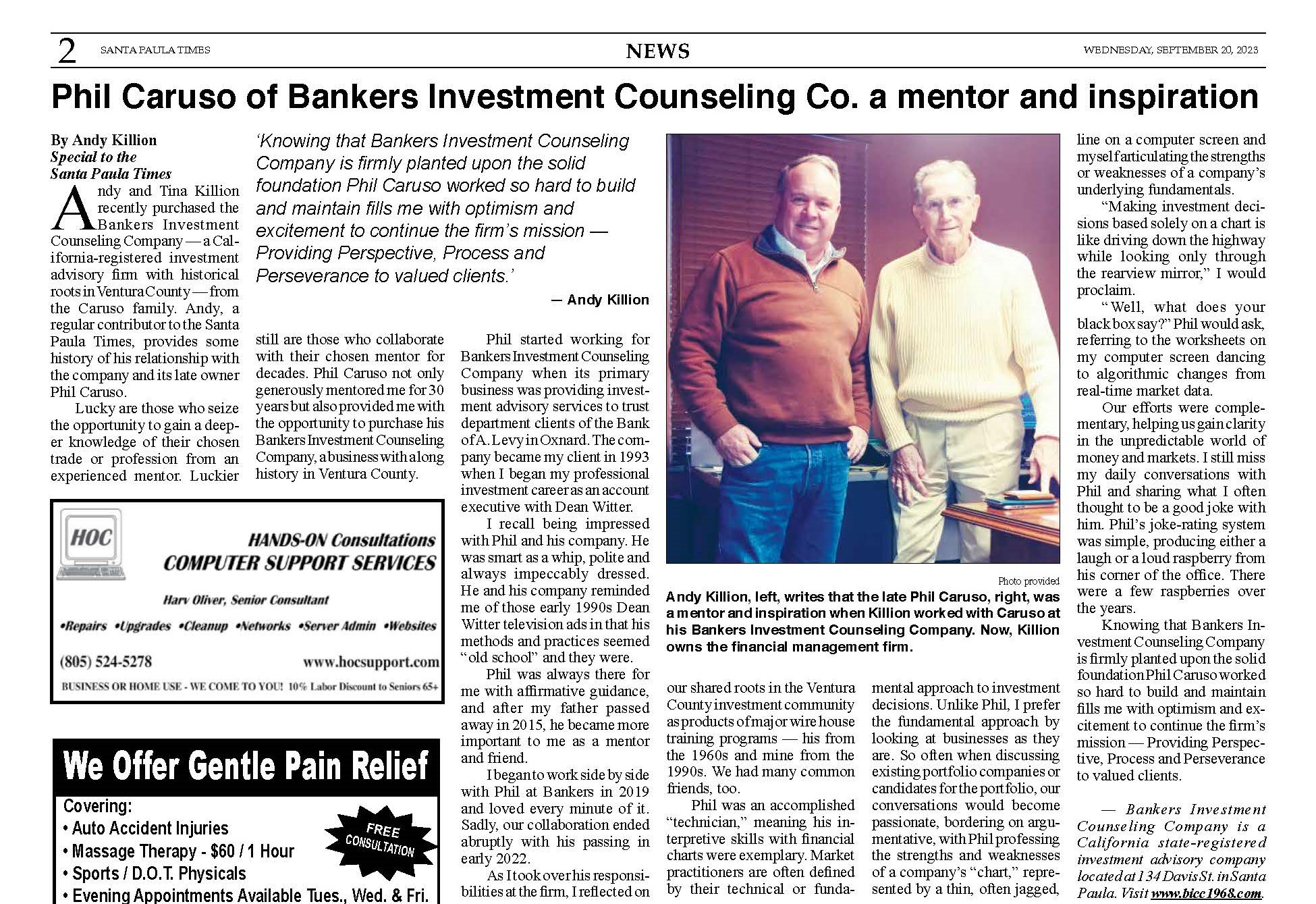 Phil Caruso of Bankers Investment Counseling Co. a mentor and inspiration by Andy Killion for the Santa Paula Times